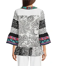 Calessa Embroidered Patchwork Print Split V-Neck 3/4 Sleeve Tunic