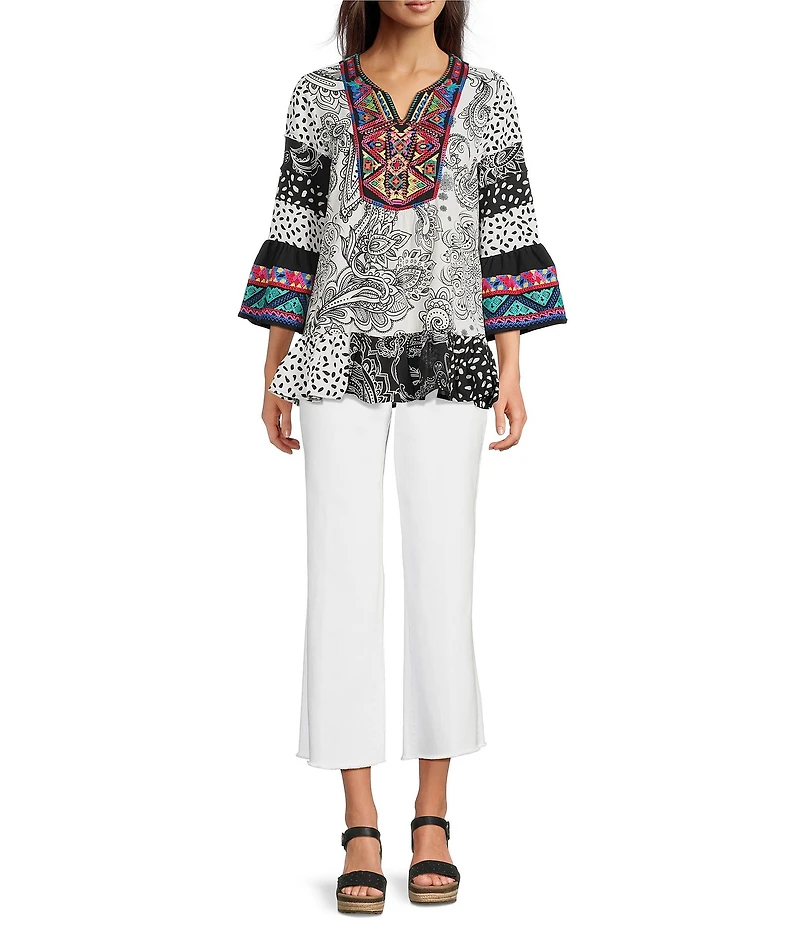Calessa Embroidered Patchwork Print Split V-Neck 3/4 Sleeve Tunic