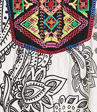 Calessa Embroidered Patchwork Print Split V-Neck 3/4 Sleeve Tunic