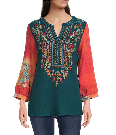 Calessa Embroidered Patchwork Print Split V-Neck Long Sleeve Tunic