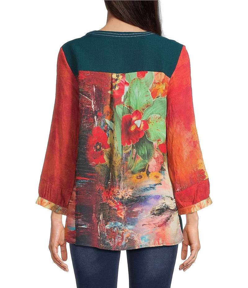 Calessa Embroidered Patchwork Print Split V-Neck Long Sleeve Tunic