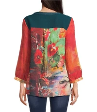 Calessa Embroidered Patchwork Print Split V-Neck Long Sleeve Tunic