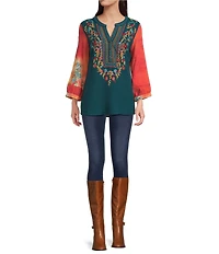 Calessa Embroidered Patchwork Print Split V-Neck Long Sleeve Tunic