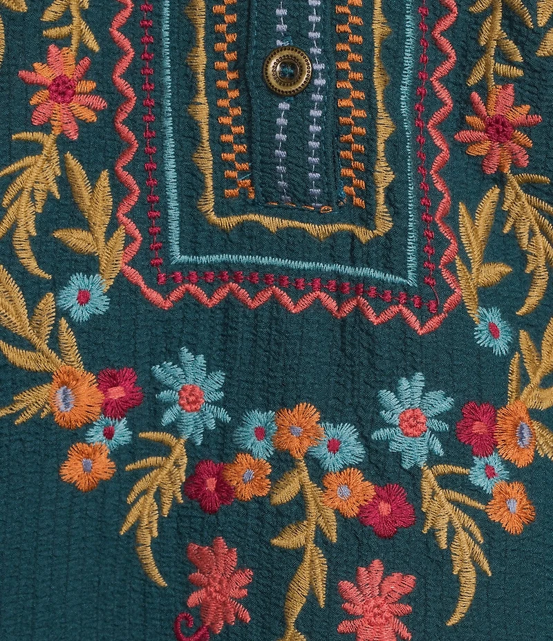 Calessa Embroidered Patchwork Print Split V-Neck Long Sleeve Tunic