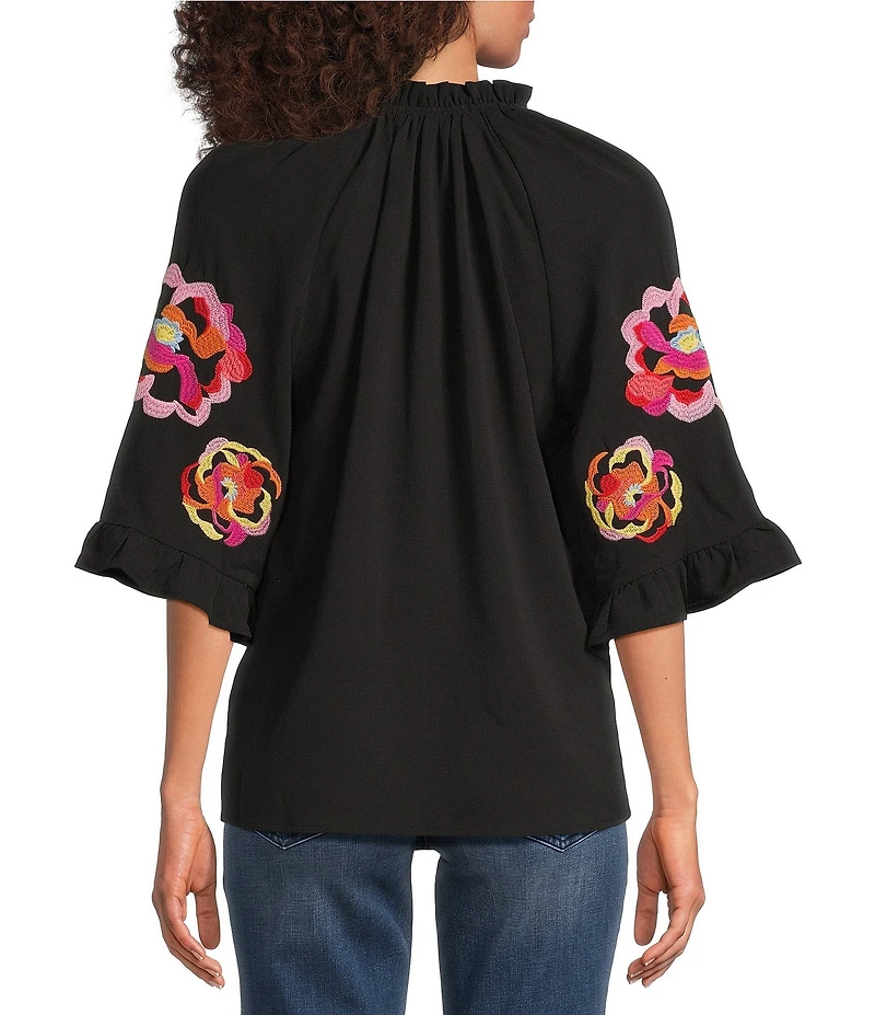 Calessa Embroidered Patchwork Ruffle Split V-Neck 3/4 Sleeve Tunic
