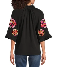 Calessa Embroidered Patchwork Ruffle Split V-Neck 3/4 Sleeve Tunic