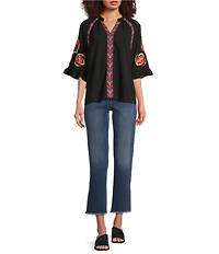 Calessa Embroidered Patchwork Ruffle Split V-Neck 3/4 Sleeve Tunic