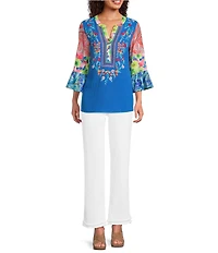 Calessa Embroidered Patchwork Split V-Neck 3/4 Flounce Sleeve Tunic