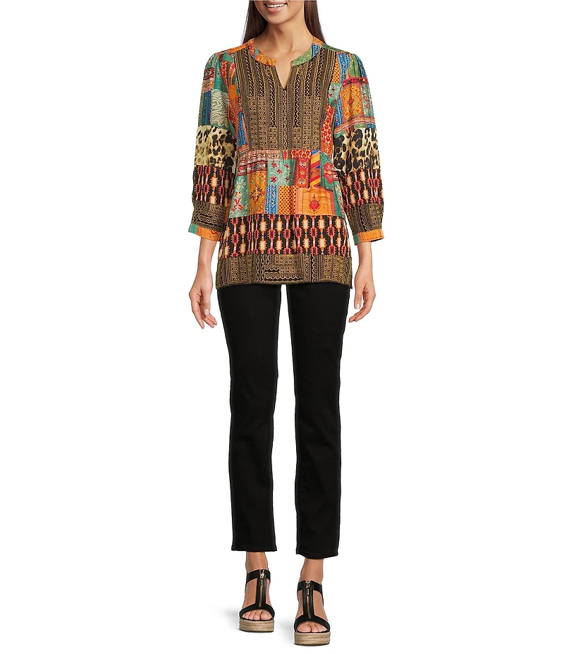 Calessa Patchwork Embroidered Split V-Neck 3/4 Sleeve Tunic