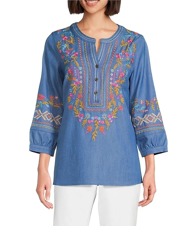 Calessa Embroidered Patchwork Split V-Neck 3/4 Sleeve Tunic