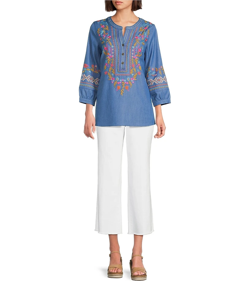 Calessa Embroidered Patchwork Split V-Neck 3/4 Sleeve Tunic