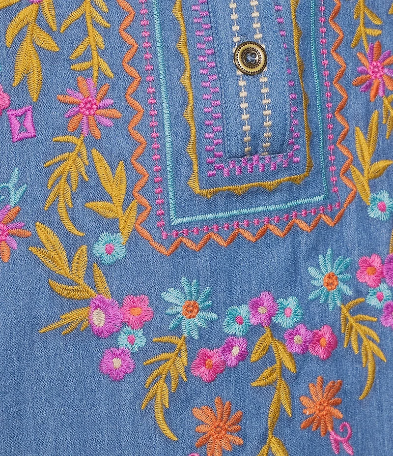 Calessa Embroidered Patchwork Split V-Neck 3/4 Sleeve Tunic
