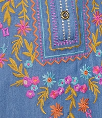 Calessa Embroidered Patchwork Split V-Neck 3/4 Sleeve Tunic