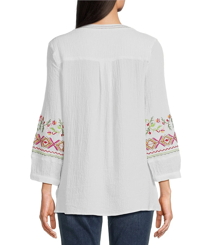 Calessa Embroidered Patchwork Split V-Neck 3/4 Sleeve Tunic