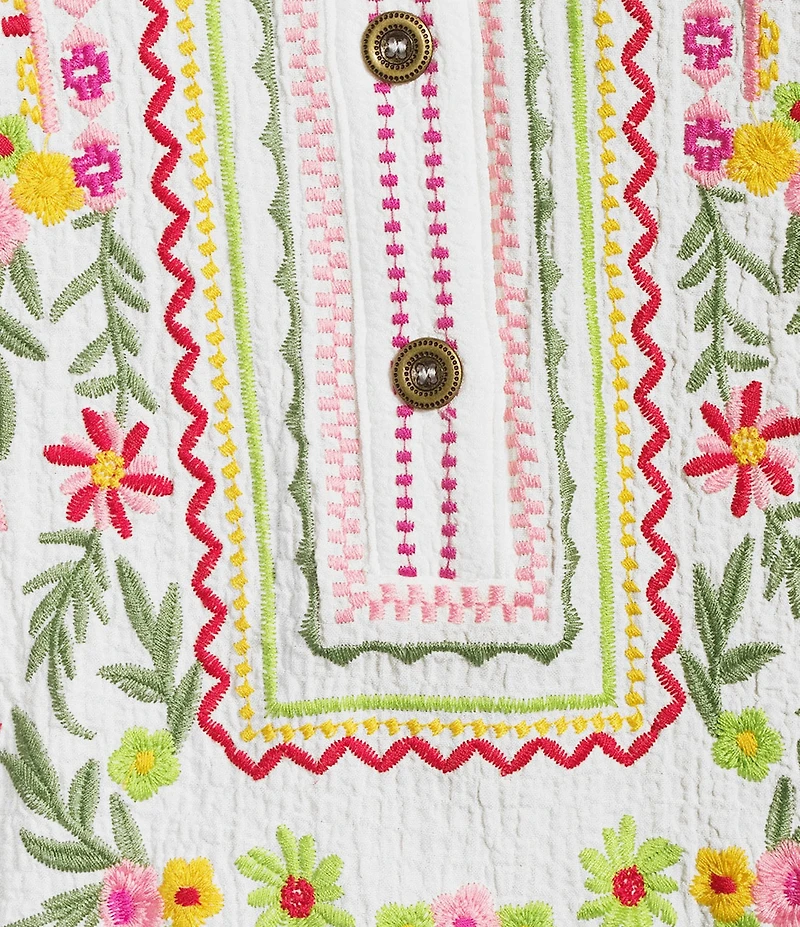 Calessa Embroidered Patchwork Split V-Neck 3/4 Sleeve Tunic