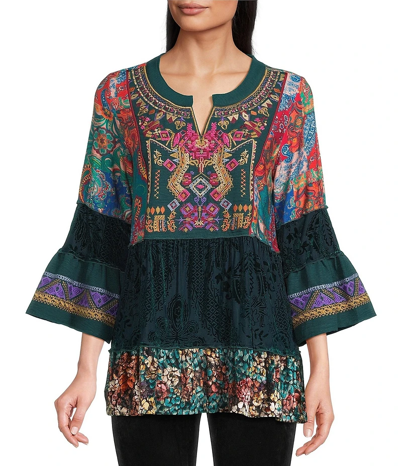 Calessa Embroidered Patchwork Split V-Neck 3/4 Sleeve Tunic