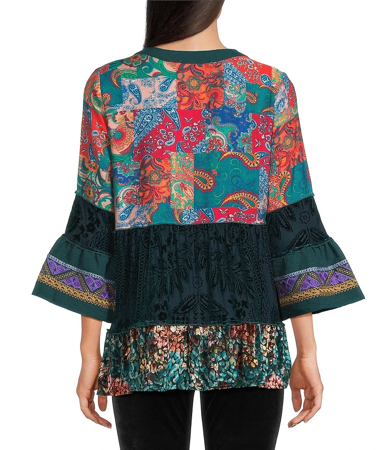 Calessa Embroidered Patchwork Split V-Neck 3/4 Sleeve Tunic