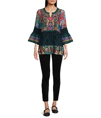 Calessa Embroidered Patchwork Split V-Neck 3/4 Sleeve Tunic