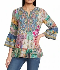Calessa Embroidered Patchwork Split V-Neck 3/4 Sleeve Tunic