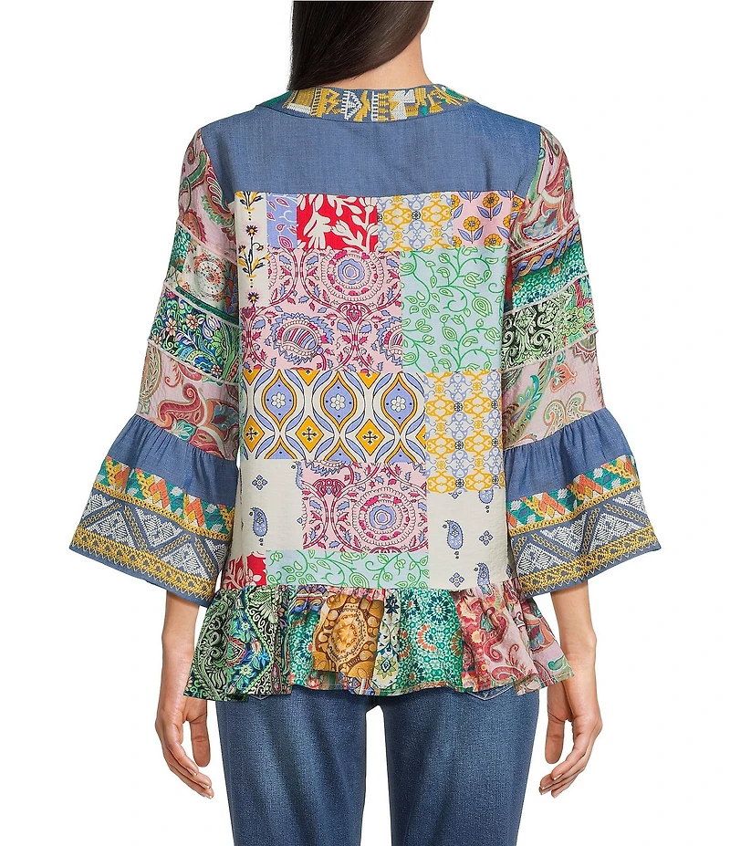 Calessa Embroidered Patchwork Split V-Neck 3/4 Sleeve Tunic