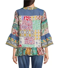 Calessa Embroidered Patchwork Split V-Neck 3/4 Sleeve Tunic