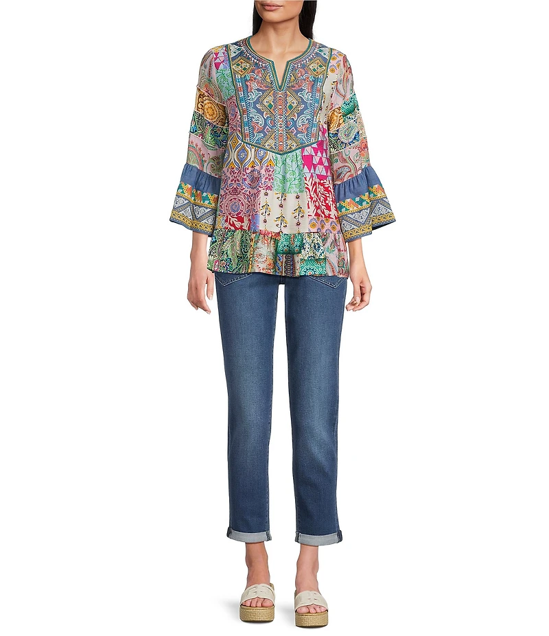 Calessa Embroidered Patchwork Split V-Neck 3/4 Sleeve Tunic