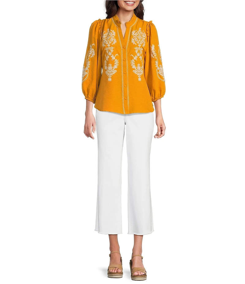 Calessa Embroidered Placement Print Ruffle Split V-Neck 3/4 Sleeve Button-Front Tunic