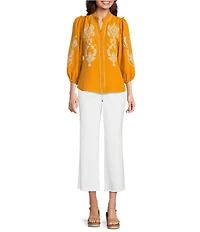 Calessa Embroidered Placement Print Ruffle Split V-Neck 3/4 Sleeve Button-Front Tunic