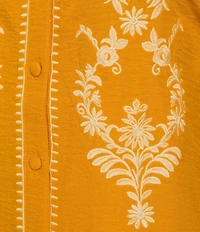 Calessa Embroidered Placement Print Ruffle Split V-Neck 3/4 Sleeve Button-Front Tunic