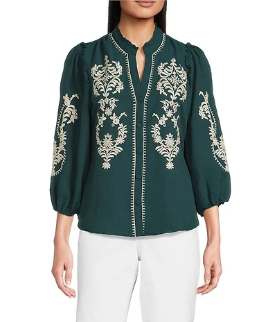 Calessa Embroidered Placement Print Ruffle Split V-Neck 3/4 Sleeve Button-Front Tunic