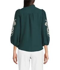 Calessa Embroidered Placement Print Ruffle Split V-Neck 3/4 Sleeve Button-Front Tunic