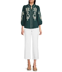 Calessa Embroidered Placement Print Ruffle Split V-Neck 3/4 Sleeve Button-Front Tunic