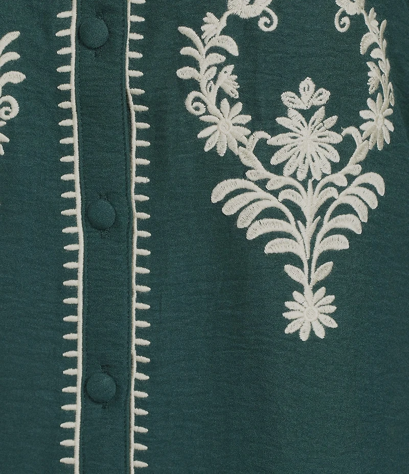 Calessa Embroidered Placement Print Ruffle Split V-Neck 3/4 Sleeve Button-Front Tunic