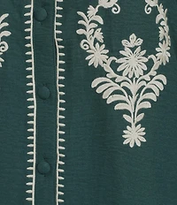 Calessa Embroidered Placement Print Ruffle Split V-Neck 3/4 Sleeve Button-Front Tunic