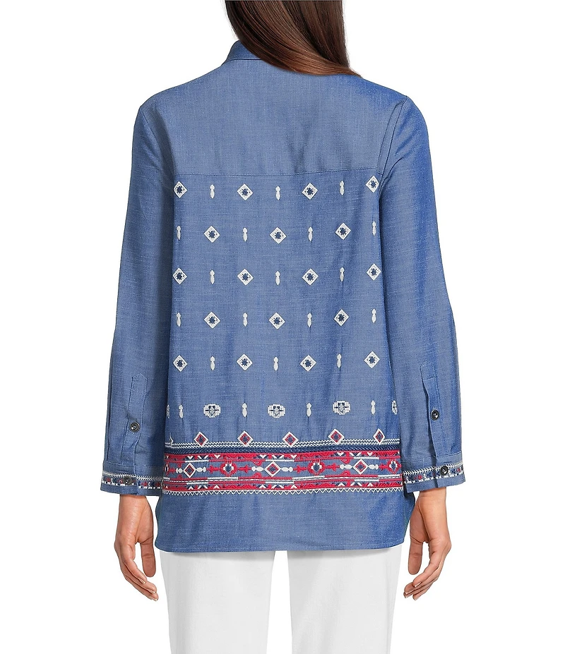 Calessa Embroidered Point Collar Long Roll-Tab Sleeve Button Front Tunic