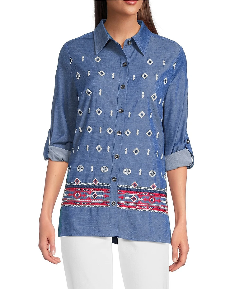 Calessa Embroidered Point Collar Long Roll-Tab Sleeve Button Front Tunic
