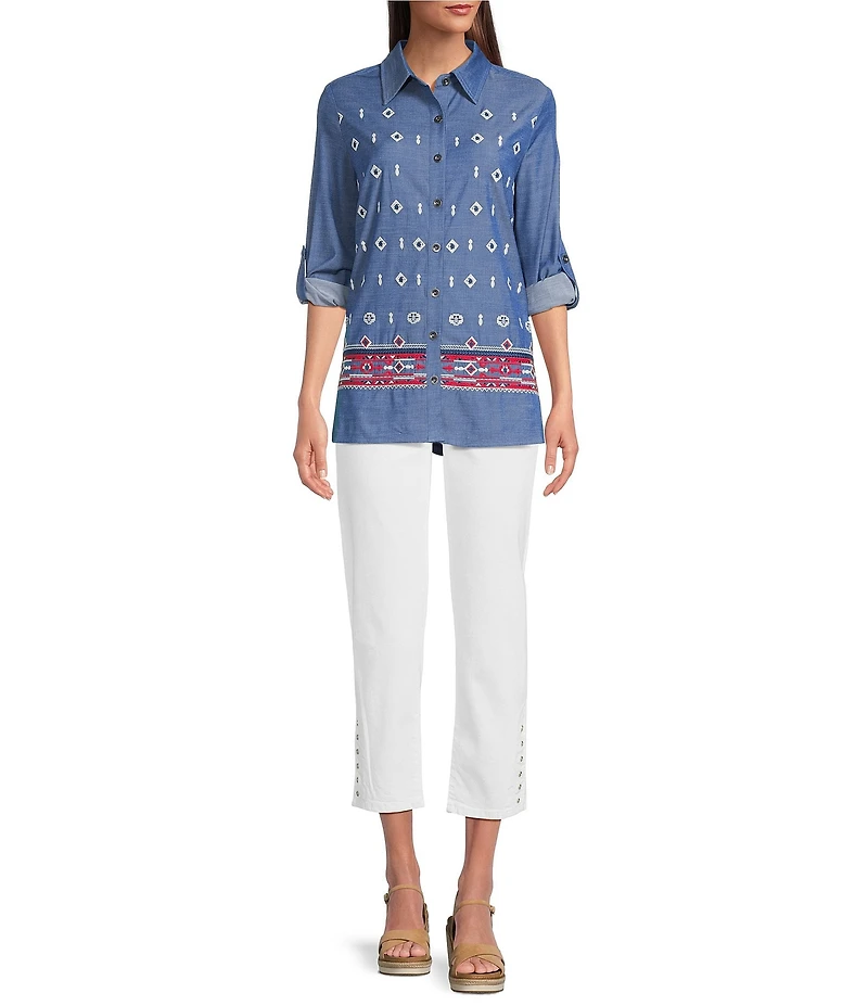 Calessa Embroidered Point Collar Long Roll-Tab Sleeve Button Front Tunic