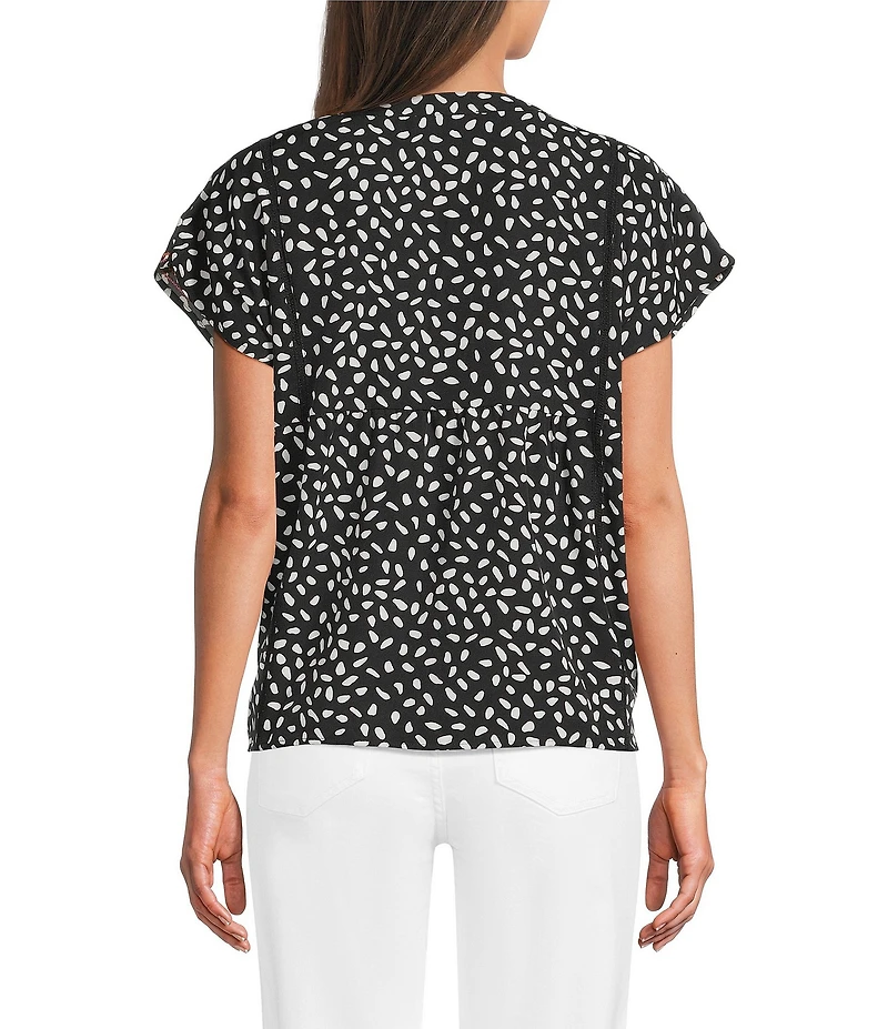 Calessa Embroidered Polka Dot Floral Split V-Neck Cap Sleeve Blouse