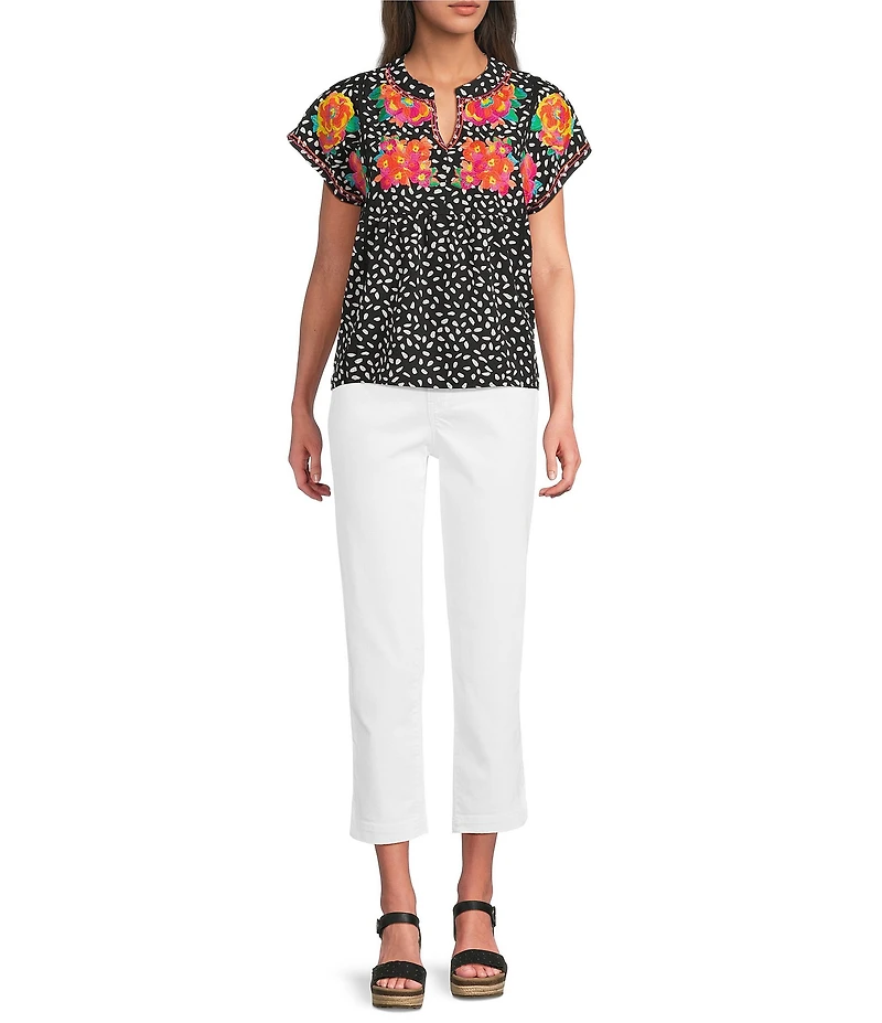 Calessa Embroidered Polka Dot Floral Split V-Neck Cap Sleeve Blouse