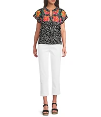 Calessa Embroidered Polka Dot Floral Split V-Neck Cap Sleeve Blouse