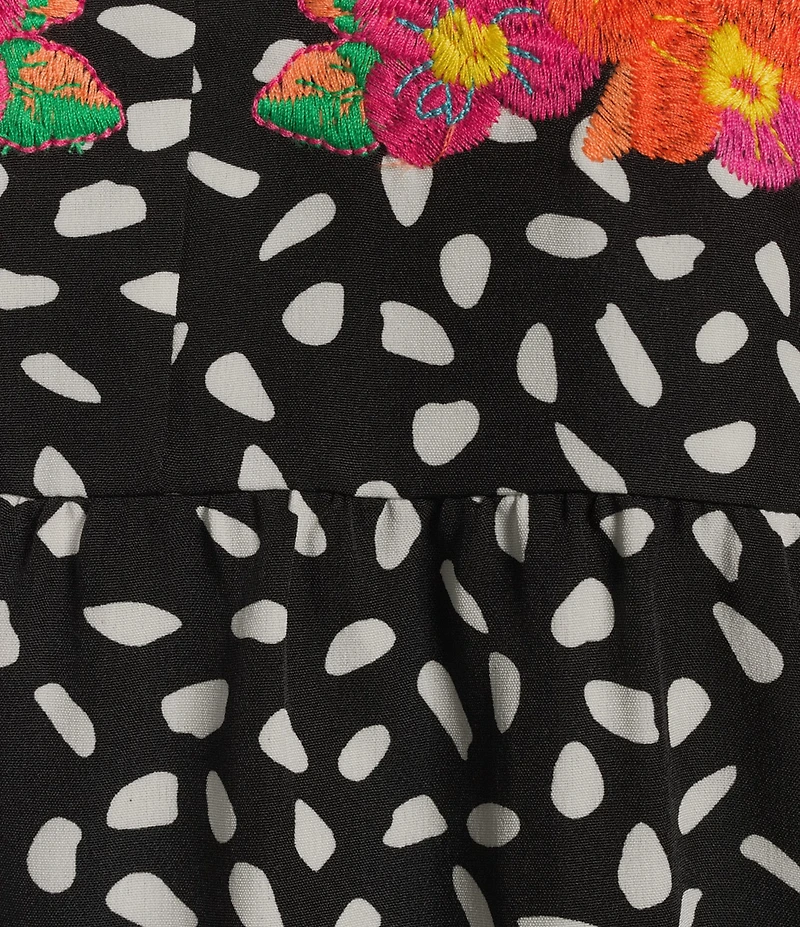 Calessa Embroidered Polka Dot Floral Split V-Neck Cap Sleeve Blouse