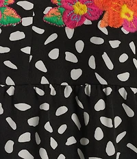 Calessa Embroidered Polka Dot Floral Split V-Neck Cap Sleeve Blouse