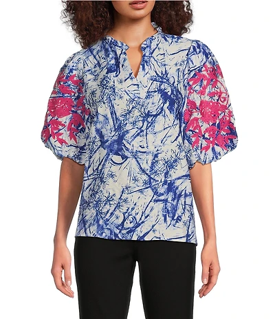 Calessa Embroidered Printed Ruffled Split V-Neck Elbow Length Balloon Sleeve Blouse