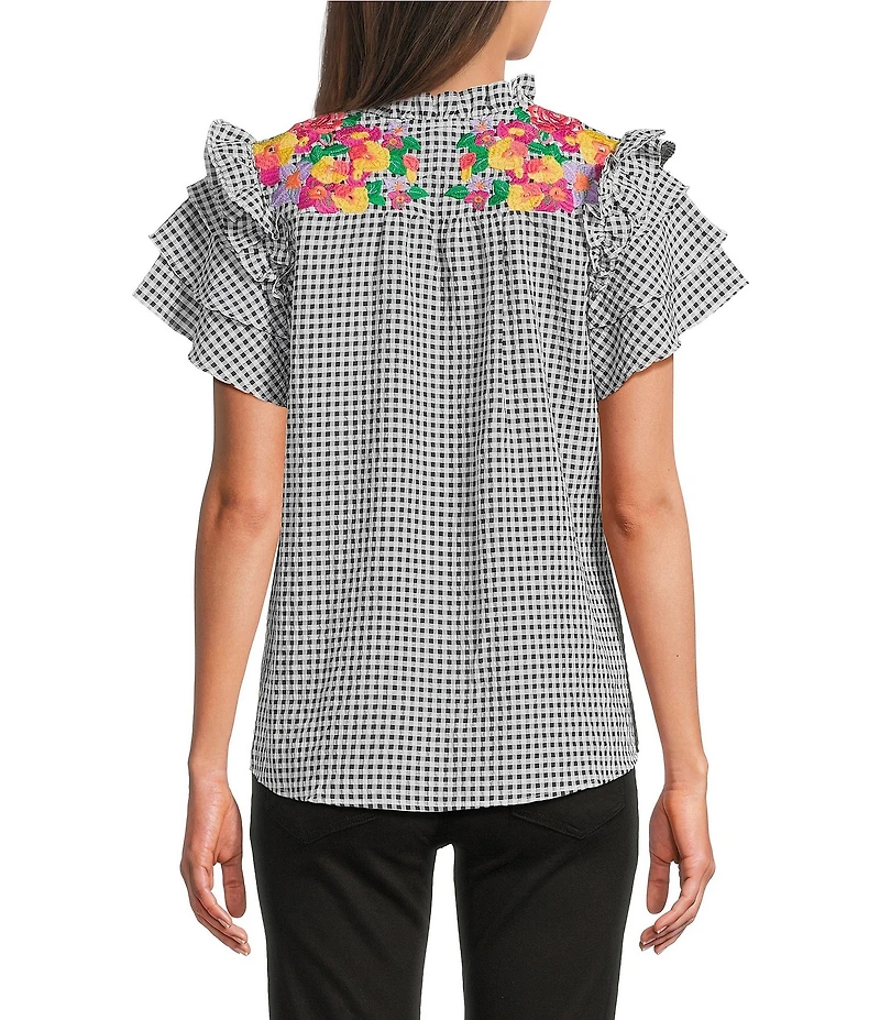 Calessa Embroidered Printed Split V-Neck Short Sleeve Ruffle Tunic