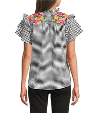 Calessa Embroidered Printed Split V-Neck Short Sleeve Ruffle Tunic