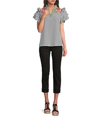 Calessa Embroidered Printed Split V-Neck Short Sleeve Ruffle Tunic