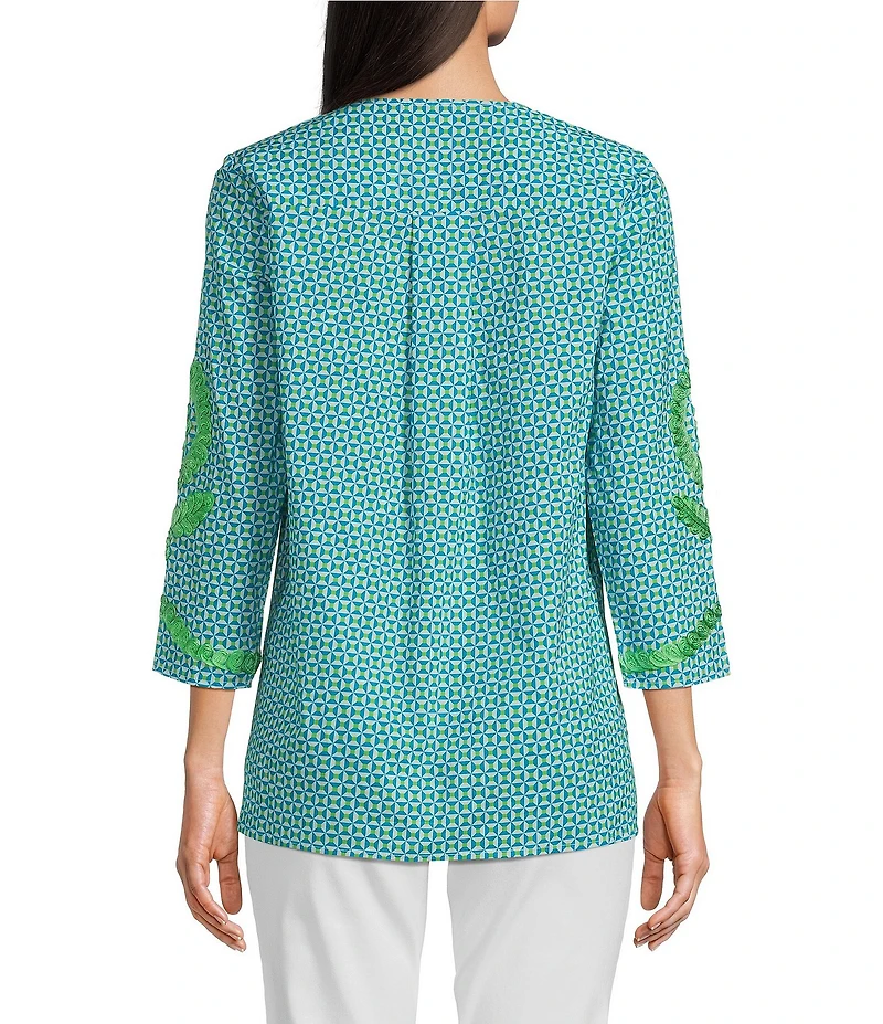 Calessa Embroidered Retro Printed Split V-Neck 3/4 Sleeve Tunic