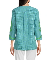 Calessa Embroidered Retro Printed Split V-Neck 3/4 Sleeve Tunic