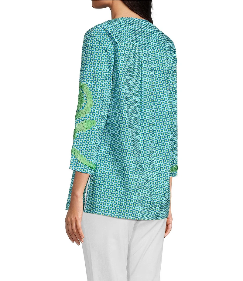 Calessa Embroidered Retro Printed Split V-Neck 3/4 Sleeve Tunic