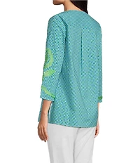 Calessa Embroidered Retro Printed Split V-Neck 3/4 Sleeve Tunic